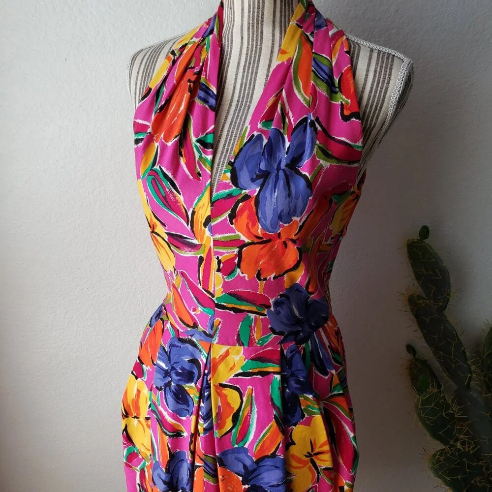 Vintage Tulip Dress Colorful Abstract Floral Print Halter Knee Length Belt sz 8 - Picture 14 of 16